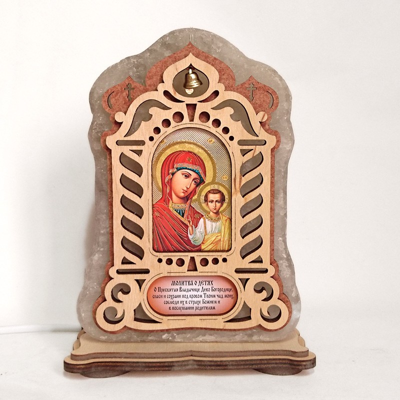 Соляная лампа Икона большая Казанская зеленого подсвечивания (20015)