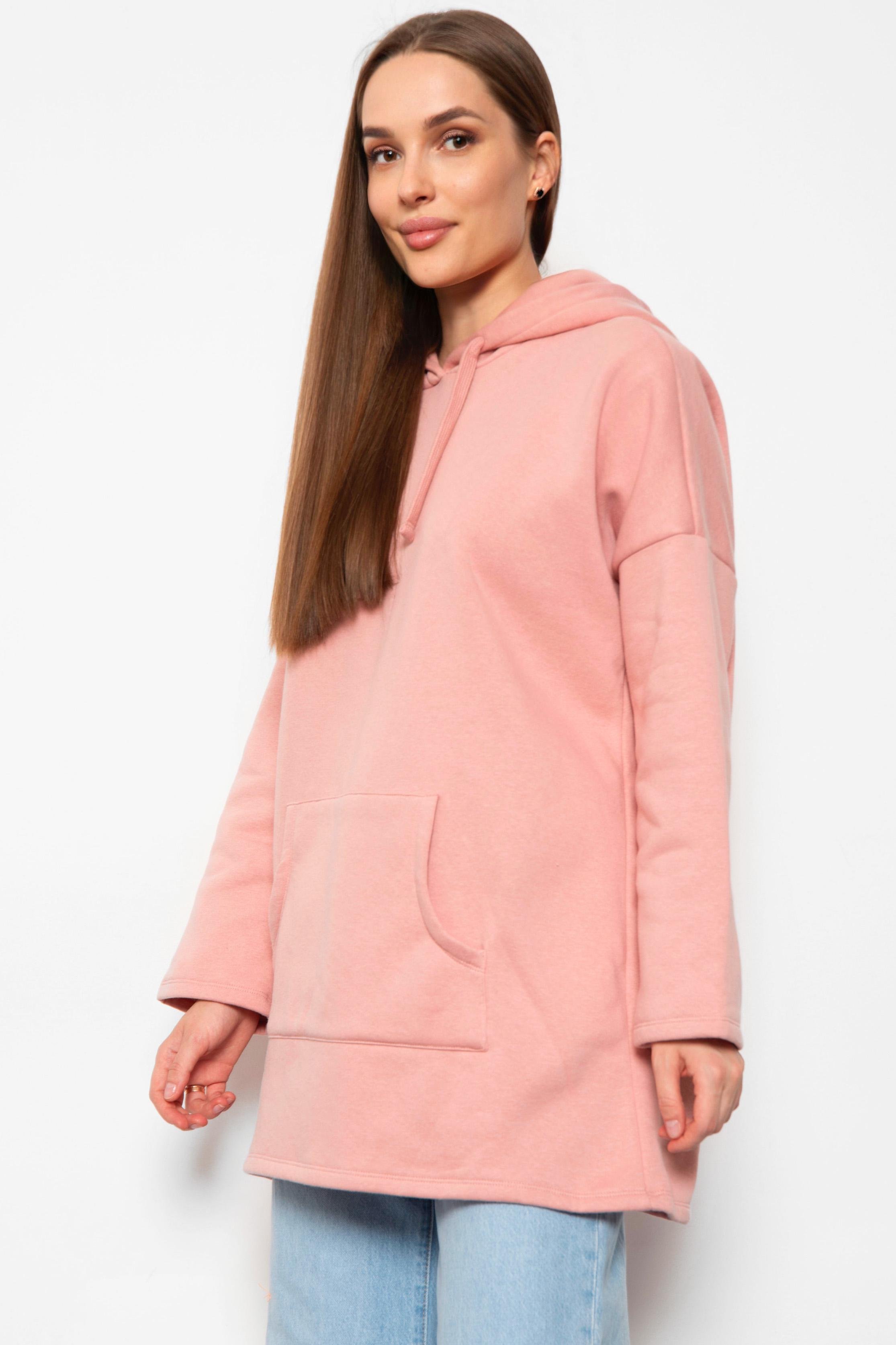 Худи женское удлиненное на флисе L Пудровый (184575) - фото 2