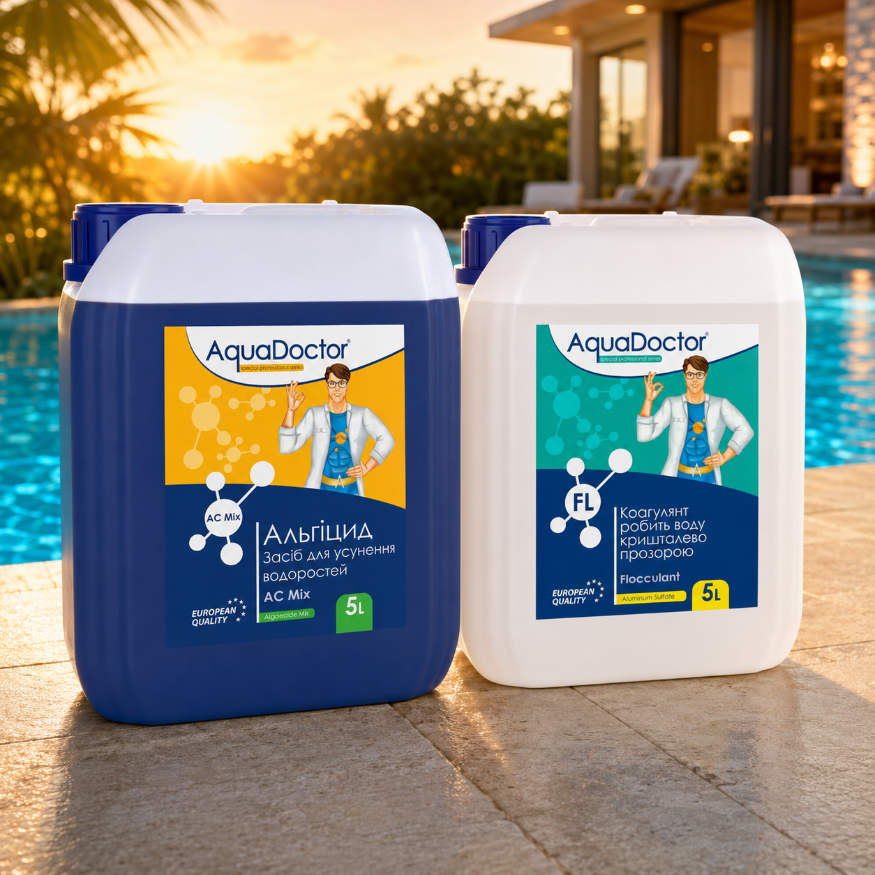 Комплект хімії AquaDoctor для басейну Альгіцид AC mix 5 л/Коагулянт FL 5 л проти зелені та водостей для прозорості води (00000017A)