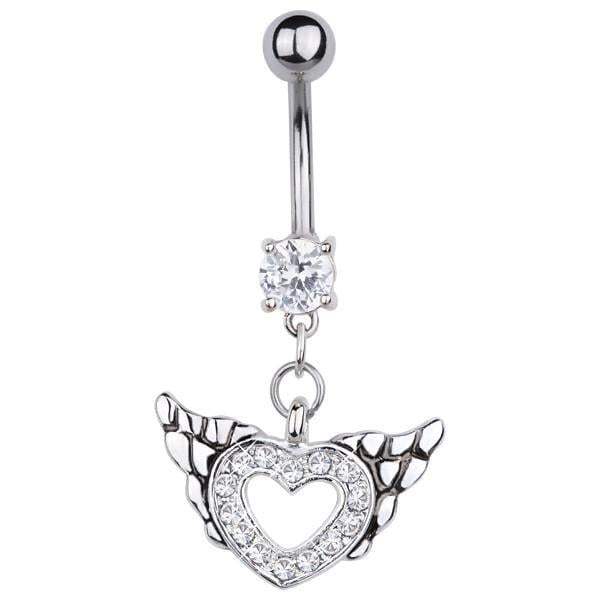 Серьга для пирсинга Банан в пупок со стразой с четырьмя зажимами, к которой подвешен контур сердца в белых стразах с крыльями