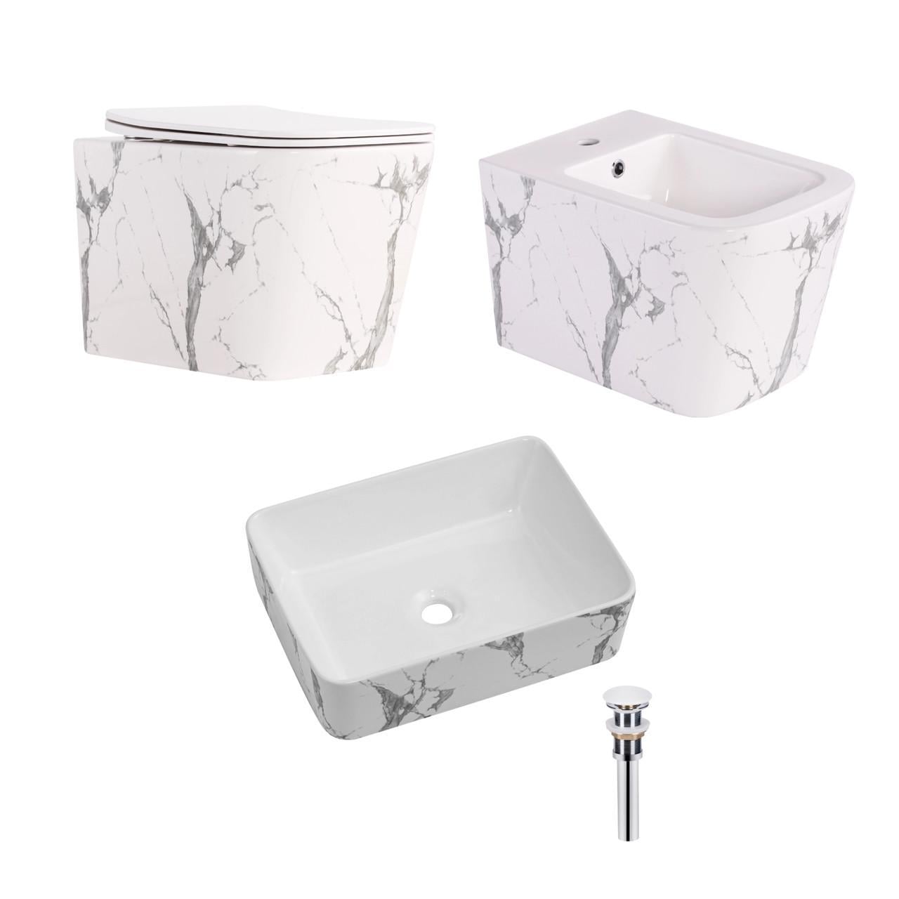 Комплект Qtap Tern подвесной унитаз Ultra Quiet/биде подвесное/раковина накладная QTTERMR49164 3в1 Marble (2829817295)