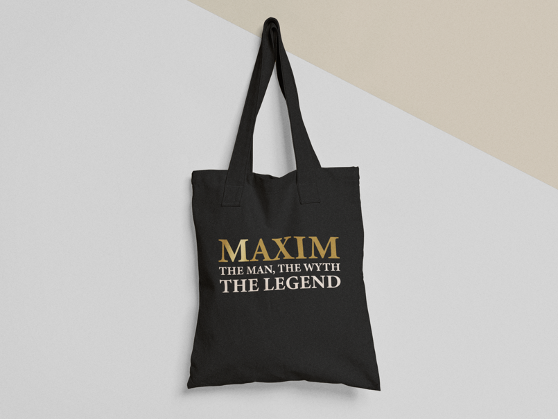 Эко-сумка шоппер с принтом "Maxim the man the wyth the legend" 38х40 см Черный (ИМ15-Т1)