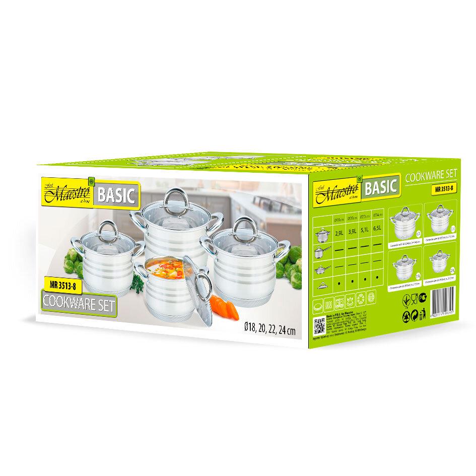 Набор посуды Maestro Basic из нержавеющей стали со стеклянными крышками 2,9 л/3,9 л/5,1 л/6,5 л 8 пр. (71286e4a) - фото 5