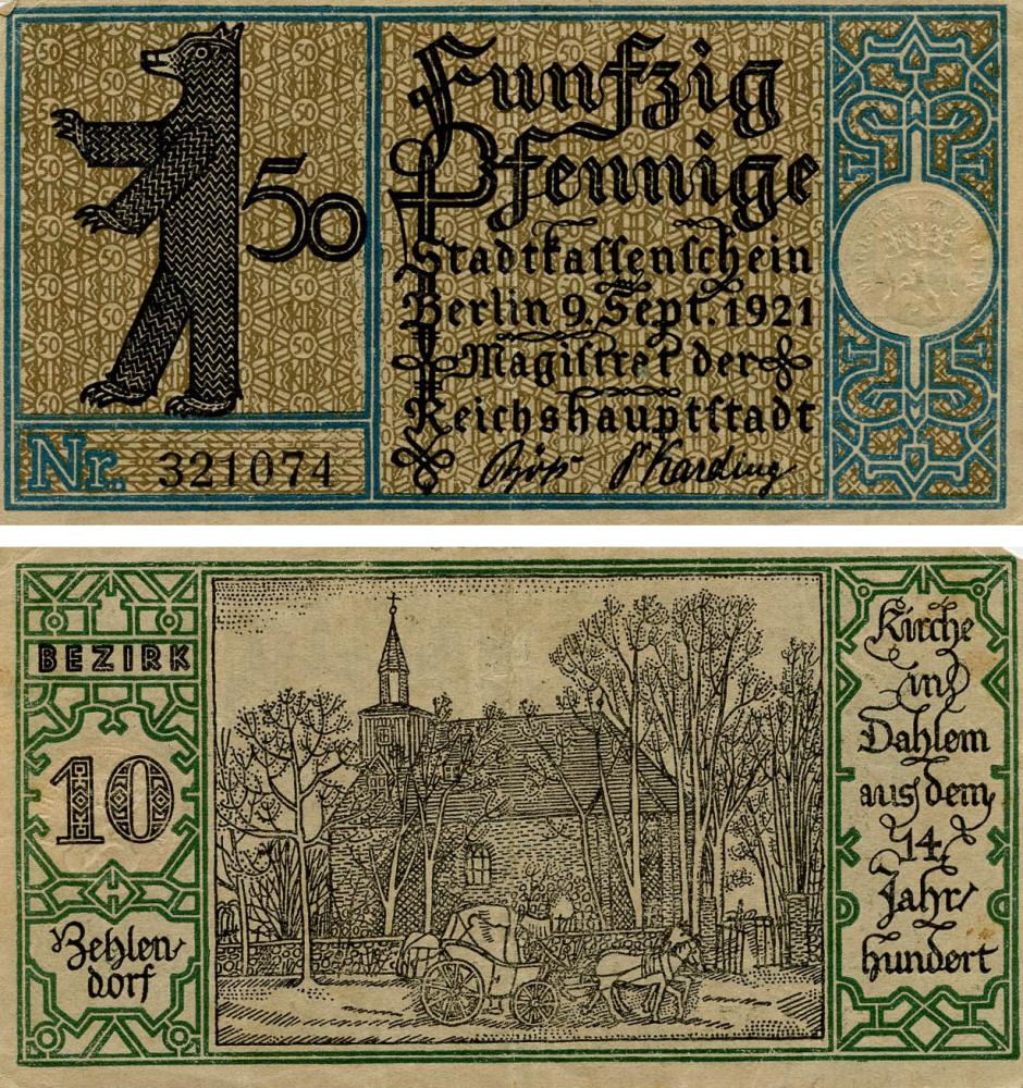 Коллекционная банкнота Германия Нотгельд 50 пфеннигов 1921 F-VF Берлин Разновидность 7 (Б18840)