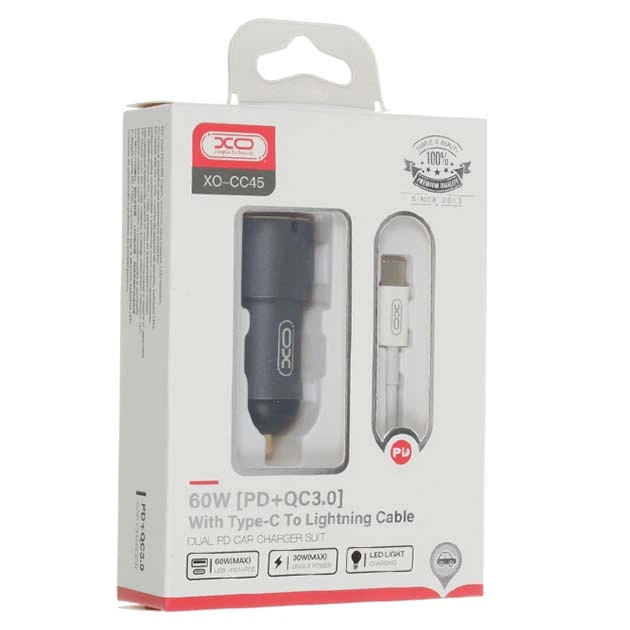 Зарядний пристрій автомобільний XO CC45 PD 60W QC3,0 30W 1USB/2Type-C кабель Type-C-Type-C Сірий (38082058)