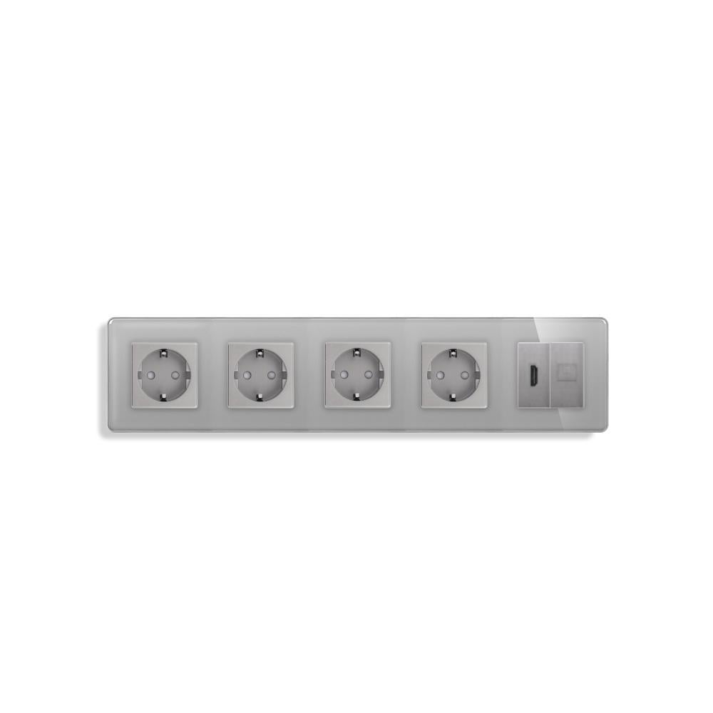 Розетка пятиместная с HDMI/интернет RJ-45 ELIOS настенная стеклянная рамка Серый (TW-M5FHDMICAT6-GY)