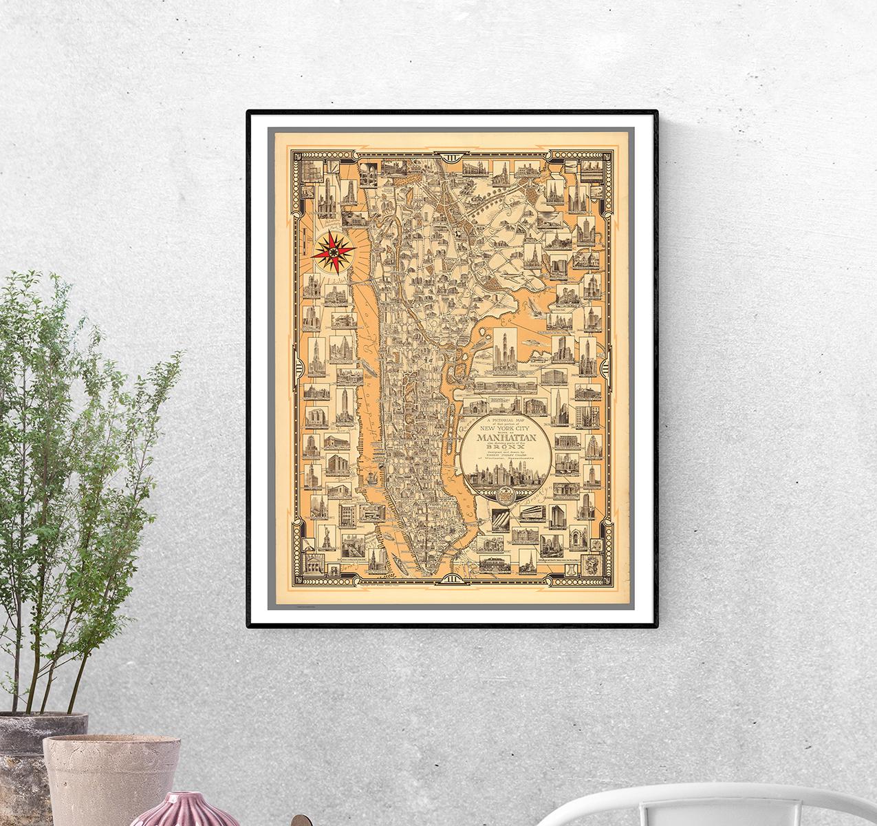 Постер Иллюстрированная карта части Нью-Йорк известный как Манхэттен также показаны части Бронкс формат А-0