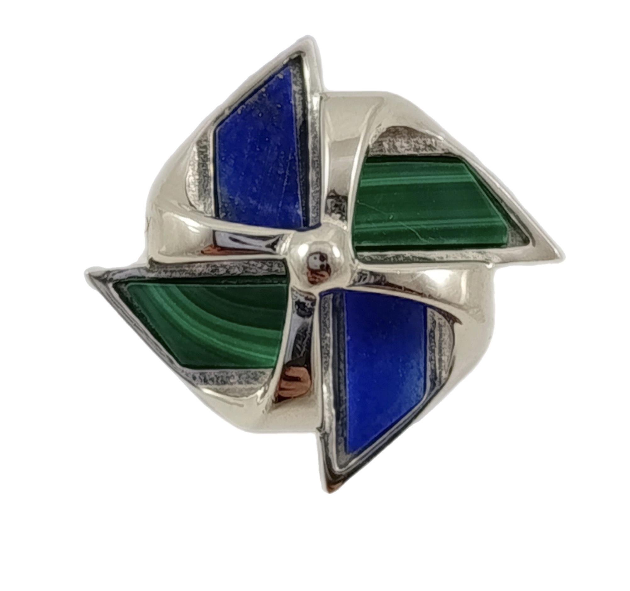 Кольцо серебряное с лазуритом и малахитом р. 18,5 (R5366G-18,5)