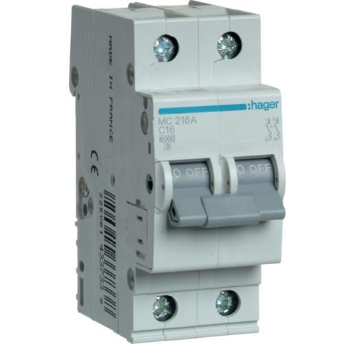 Автоматический выключатель HAGER 2P 16A 6кА C (MC216A)