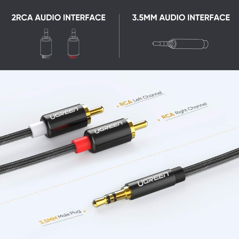 Аудио кабель 2 RCA-AUX miniJack AUX Hi-Fi Ugreen 2 м Черным (AV116) - фото 7 Аудио кабель 2 RCA-AUX miniJack AUX Hi-Fi Ugreen 2 м Черным (AV116) - фото 7