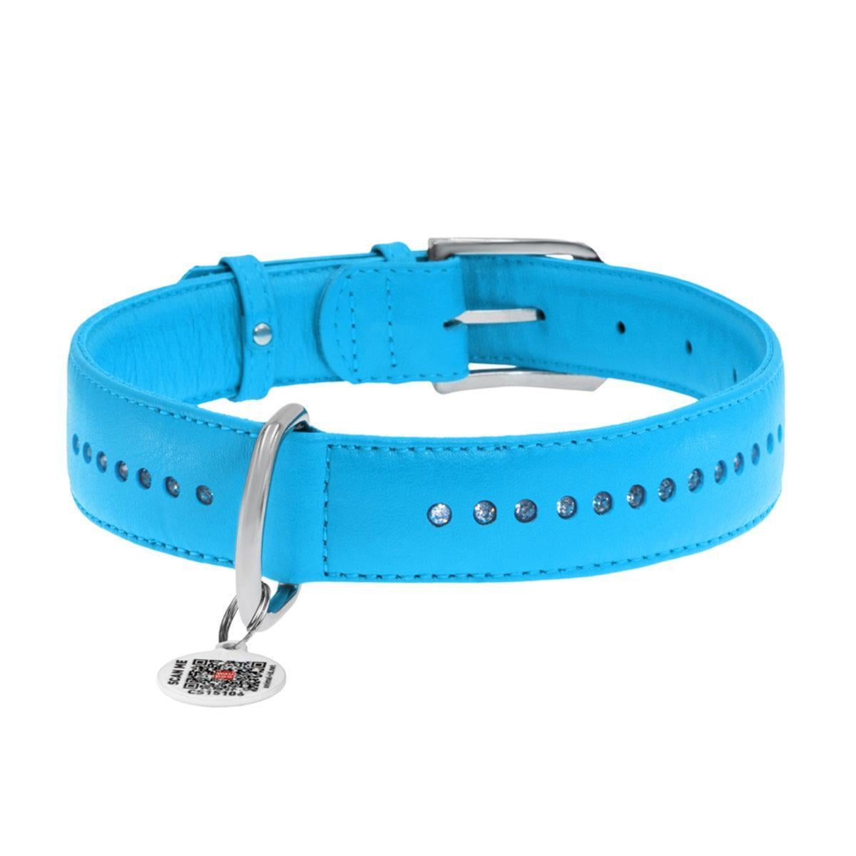 Нашийник для собак шкіряний Waudog Glamour з QR паспортом/подвійний зі стразами S 15 мм х 27-36 см Блакитний (38742 Col)
