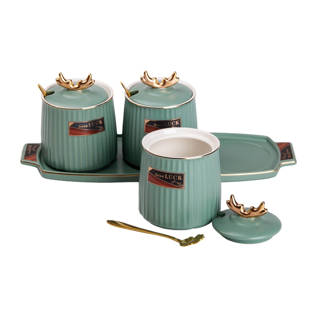 Набор банок с подставкой для сыпучих продуктов 400 мл Зеленый (5013)