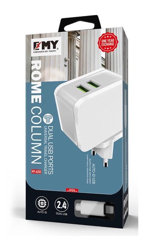 Зарядное устройство для кабеля Emy 2в1 Iphone сable 110-240V MY-A203 2xUSB 5V/12W 5V/2,4A White (DR012390)