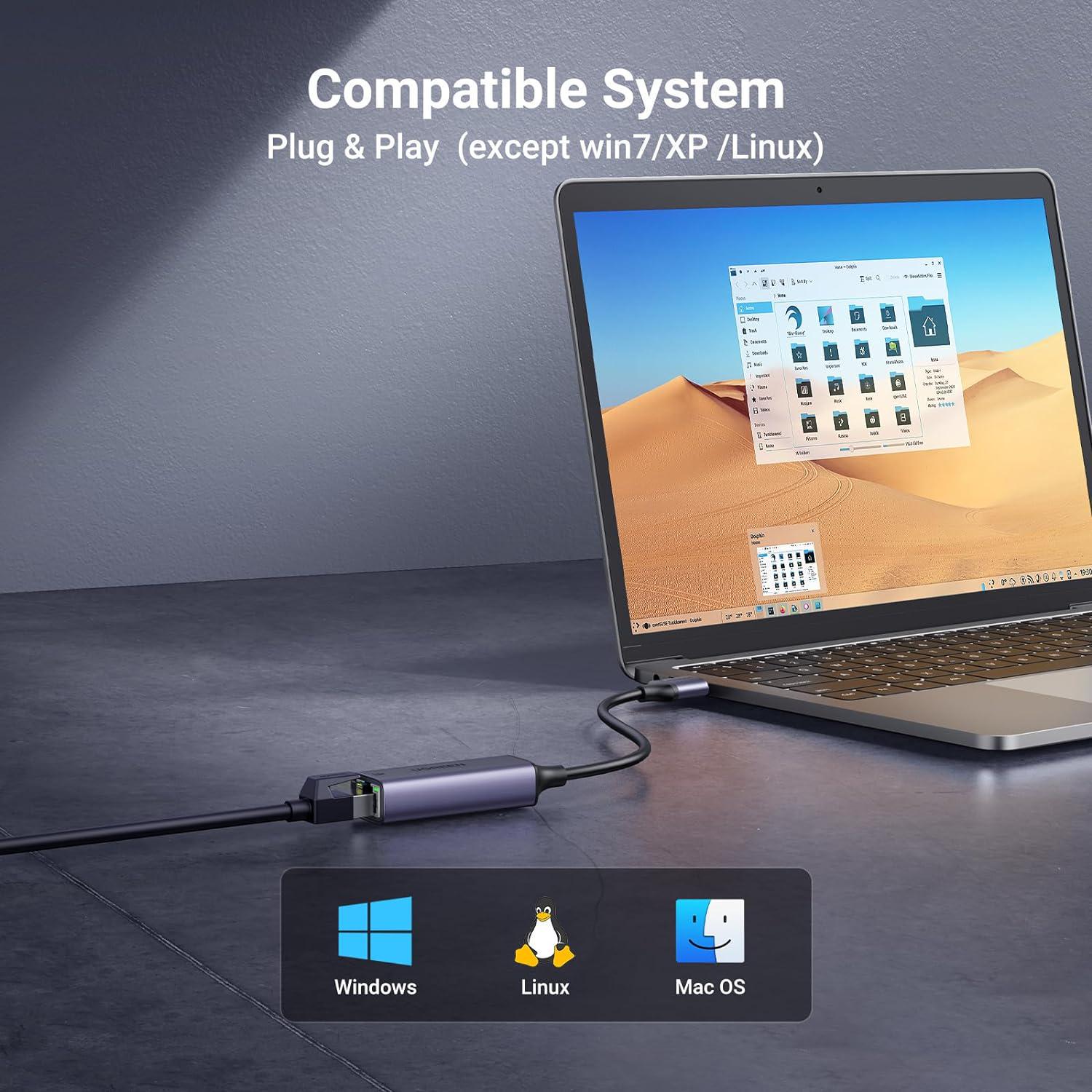 Сетевая карта UGREEN USB-Ethernet 1 Гбит/с LAN USB 3.0-RJ45 1000 Мбит/с металлический Серый (50922) - фото 5