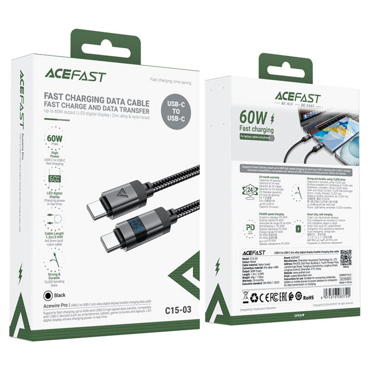 Кабель Acefast C15-03 USB-C до USB-C 60W з цифровим дисплеєм нейлонова обплетення 1,2 м Чорний (612454) - фото 5