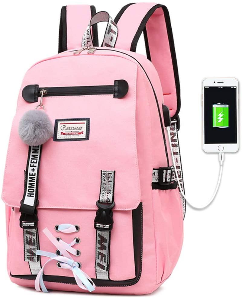 Школьный рюкзак для девочки Harvard с USB-портом/замочком и меховым помпоном Розовый (1226011660)