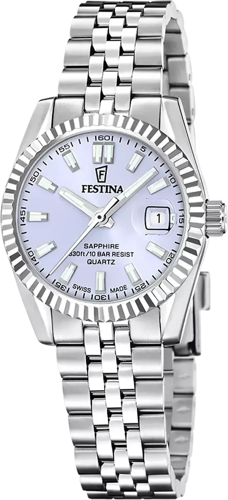 Наручний годинник жіночий Festina F20087/3 Classic Steel Swiss Made з сталевим корпусом/сапфіровим склом WR 100 м та фіолетовим циферблатом