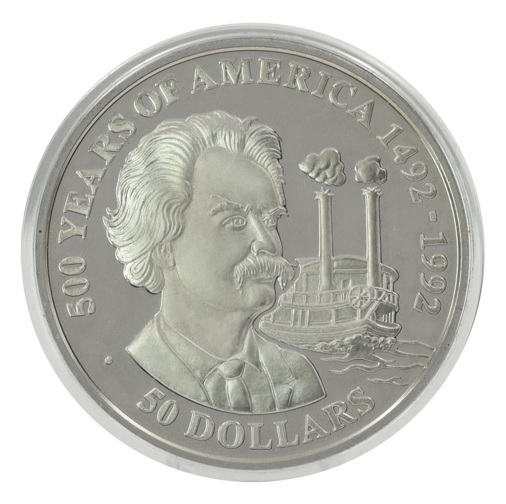 Коллекционная монета Острова Кука 50 долларов 1990 серебро Proof 500 лет Открытие Америки-Марк Твен (М22594)