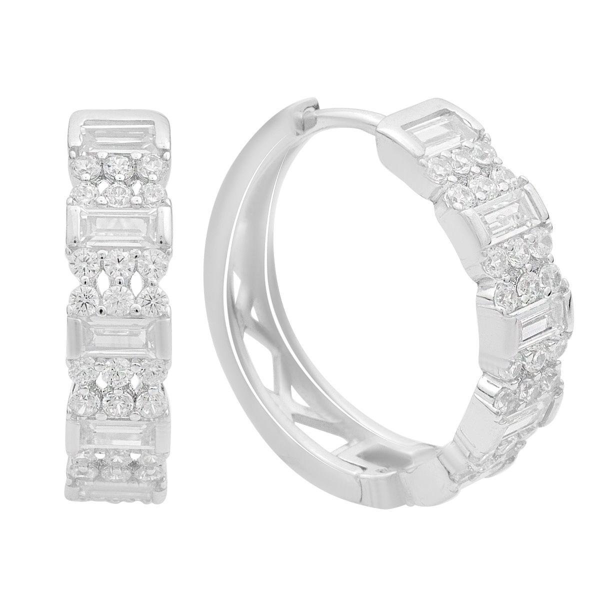 Срібні сережки-кільця з фіанітами багетної та круглої огранки