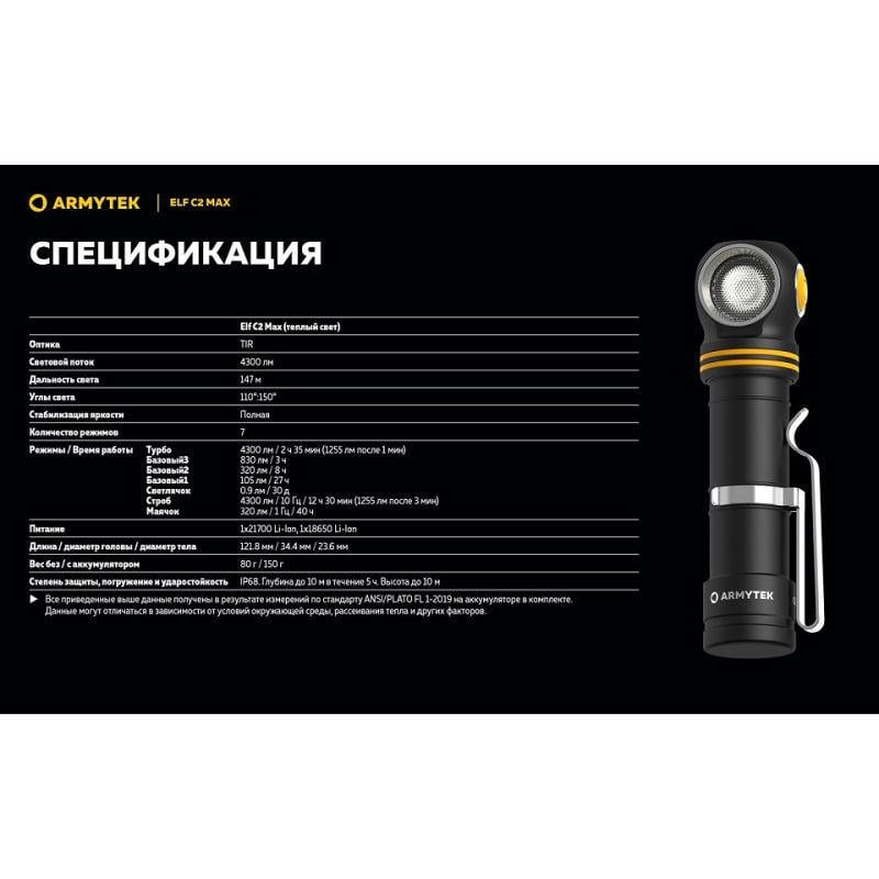 Фонарь налобный Armytek Elf C2 MAX WARM (35338871) - фото 26