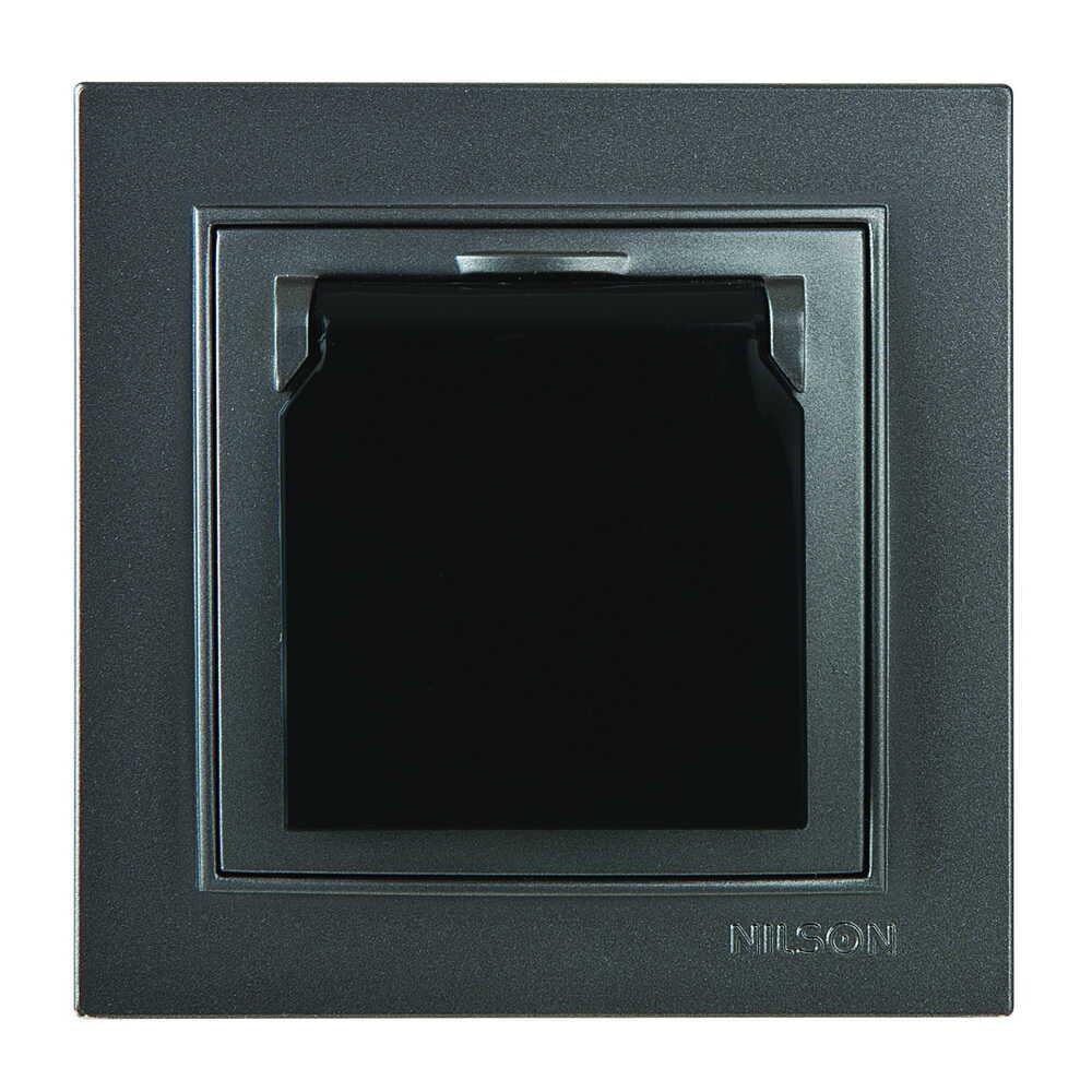 Розетка Nilson Thor з кришкою одинарна з заземленням Антрацит (27161018)