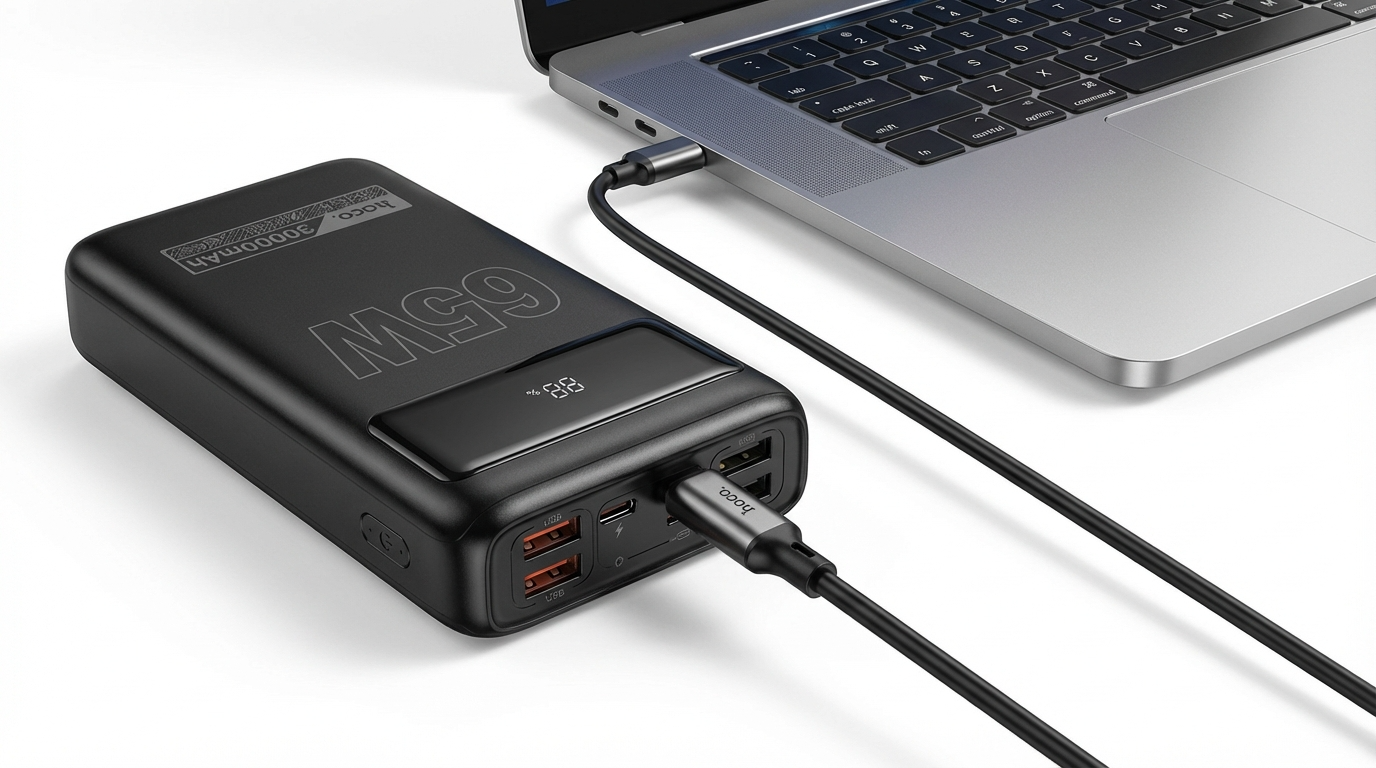 Повербанк HOCO 30000 mAh 65W ліхтарик 4хUSB/2хType-C Чорний