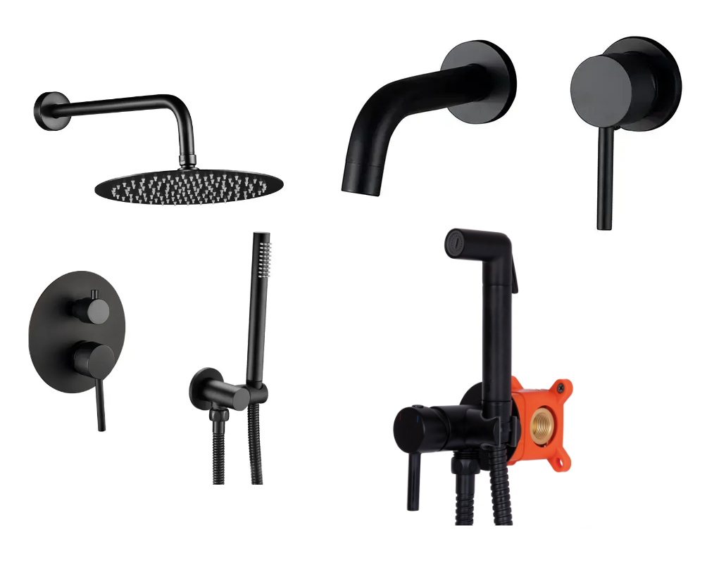 Комплект вбудованих Душова система VBI MILANO/Змішувач для раковини VBI MILANO LONG/Гігієнічний душ Q-tap Inspai-Varius Чорний матовий