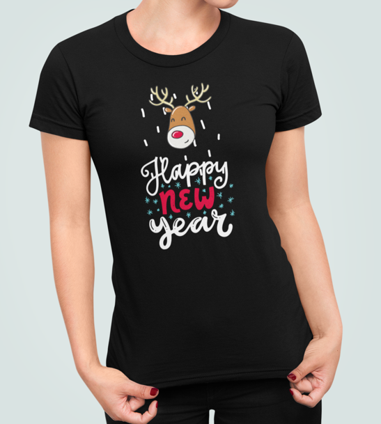 Футболка женская новогодняя Stedman с принтом Happy new year Олень XL Черный (НГ3.1-4)