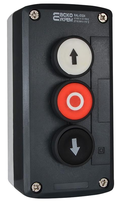 Пост трехместный АСКО-Укрем XAL-D324 Вверх-Стоп-Вниз 2.5А 220V 2NO+1NC IP54 (A0140020065)