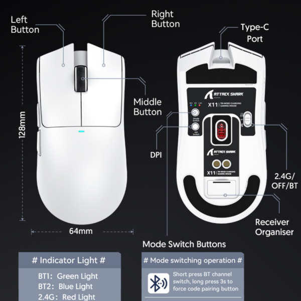 Миша бездротова Attack Shark X11 PixArt PAW3311 White - фото 5 Миша бездротова Attack Shark X11 PixArt PAW3311 White - фото 5