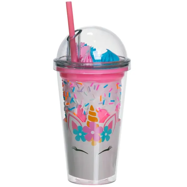Стакан многоразовый Единорог с крышкой и трубочкой 400 мл Розовый (HP-18-1P)