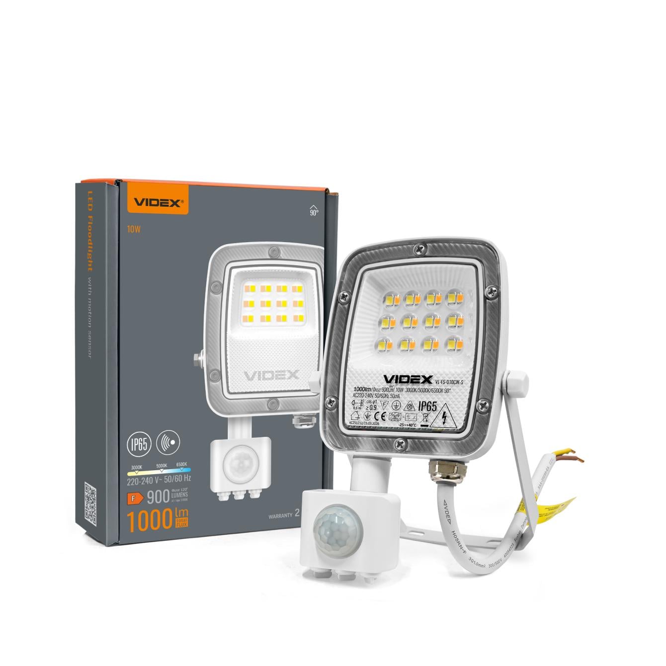 Прожектор LED Videx F5 VL-F5-010CW-S 10W 3000/400/6500K з датчиком руху 230V White (29259)