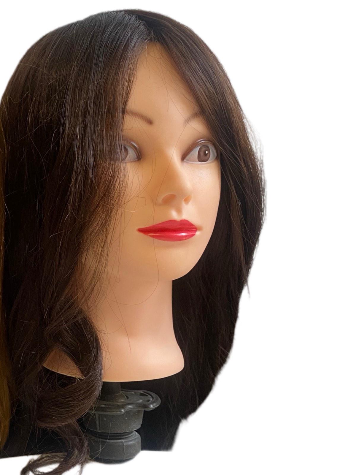 Навчальна голова-манекен з макіяжем для створення зачіски/нарощування 75% натурального волосся Каштановий (30145345)