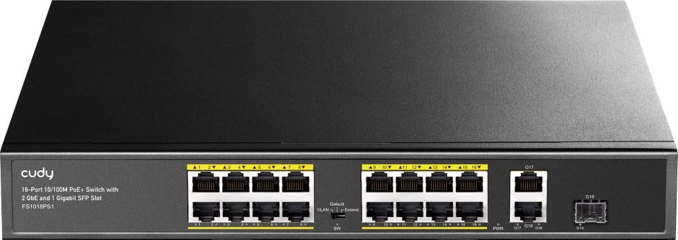 Коммутатор Cudy FS1018PS1 16 портовый 10/100M PoE+ Switch with 2 Gigabit Uplink and 1 SFP Port 200W Black (FS1018PS1_EU)
