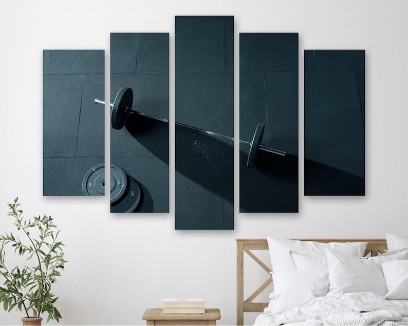 Модульная картина на холсте из пяти частей KIL Art Штанга в спортзале 187x119 см (M51_XL_44) Модульная картина на холсте из пяти частей KIL Art Штанга в спортзале 187x119 см (M51_XL_44)
