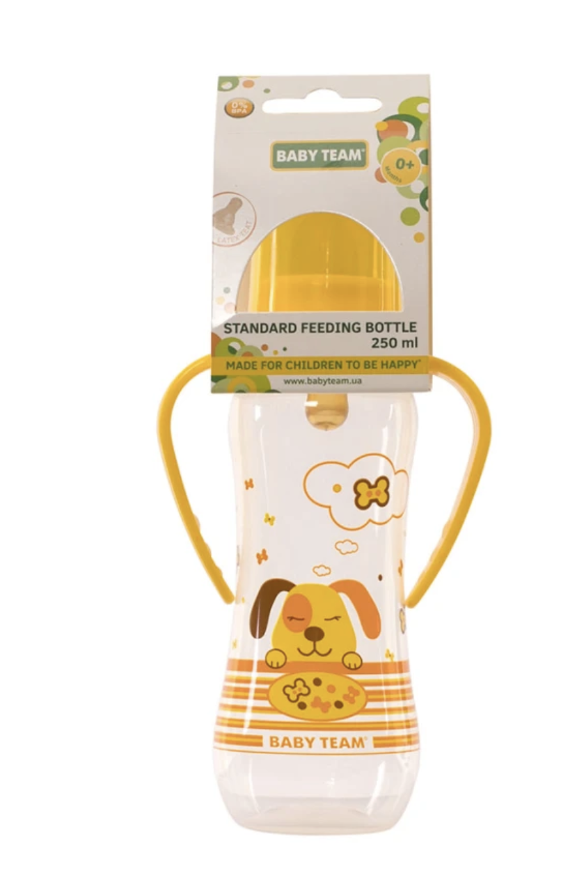 Бутылочка для кормления с латексной соской и ручками Baby team 250 мл Желтый (1311) - фото 2 Бутылочка для кормления с латексной соской и ручками Baby team 250 мл Желтый (1311) - фото 2