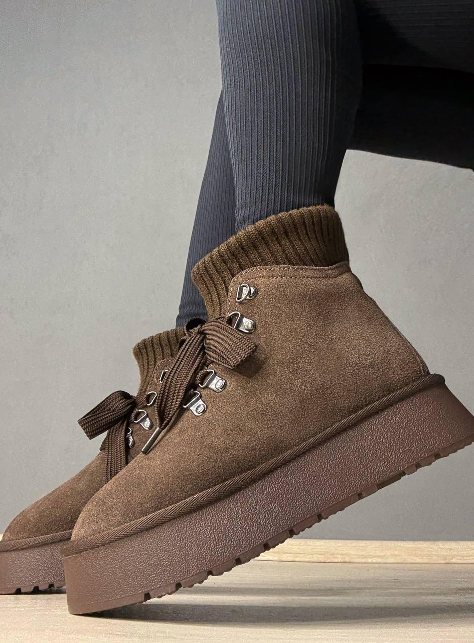 Угги женские Hengji 007-7 замшевые шнуровка с носком р. 38 Коричневый (5920)