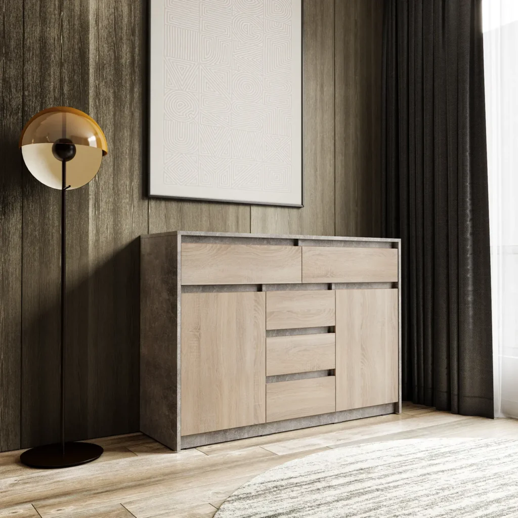 Комод КМД-227 с 5 выдвижными ящиками и дверцами 1270x910x400 мм Бетон/Дуб сонома