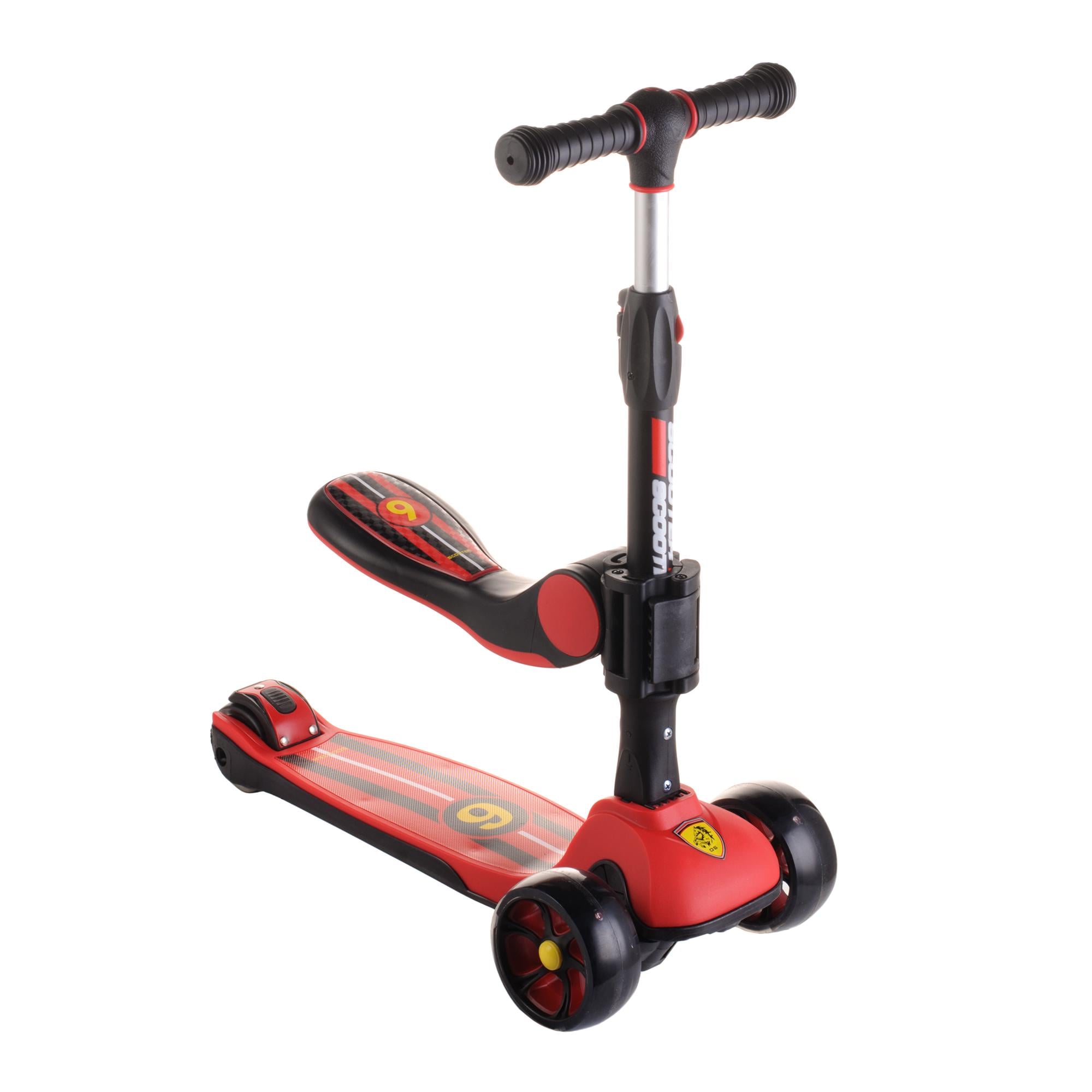 Самокат детский 666 со светящимися с колесами/сиденьем/ножным тормозом Красный