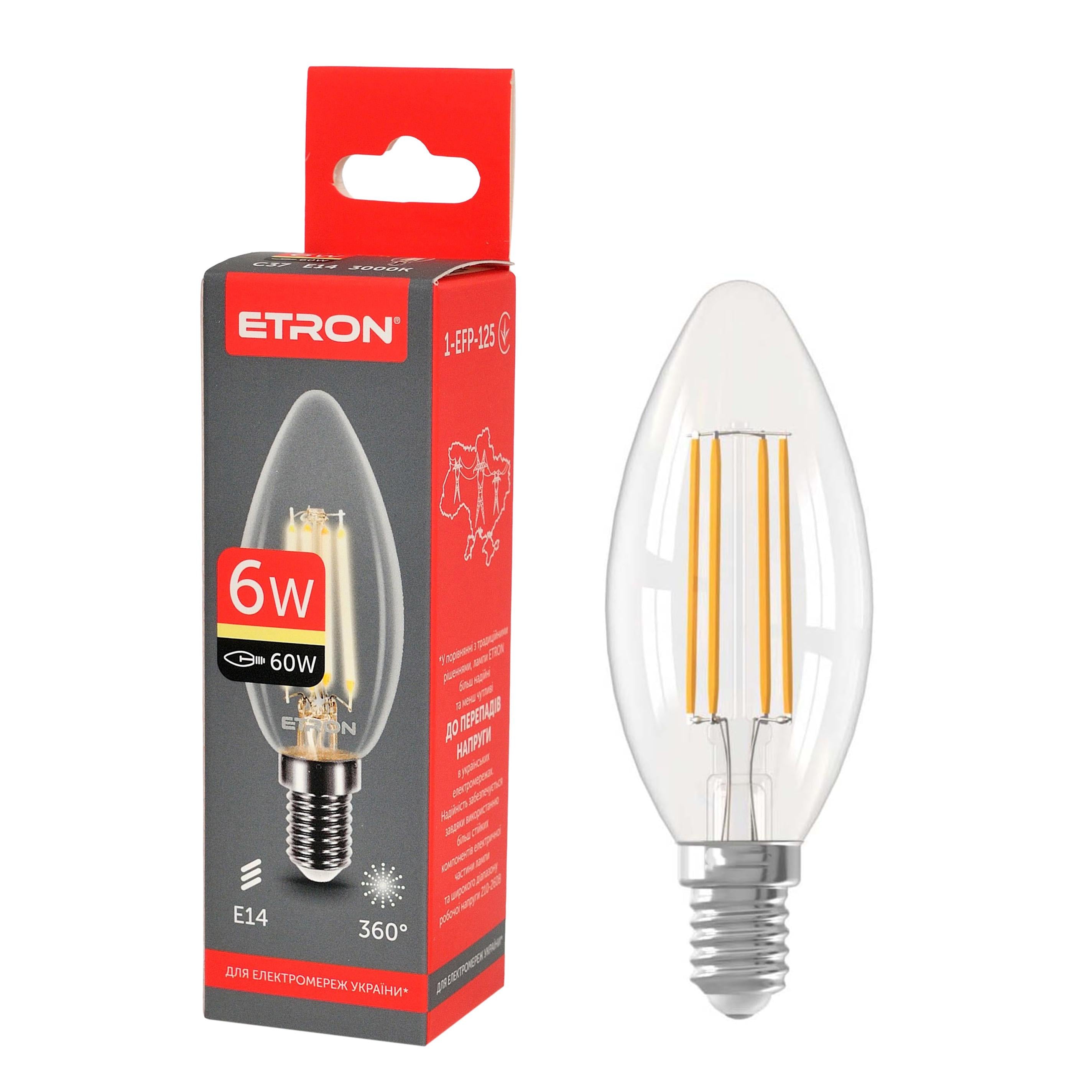Світлодіодна лампа філаментна ETRON Filament С37 E14 3000К 6WПрозорий (1-EFP-125)