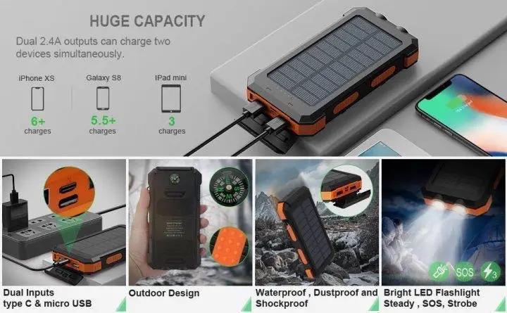 Повербанк Solar с фонариком и компасом 20000 мАч Черный/Зеленый (9249231) - фото 6