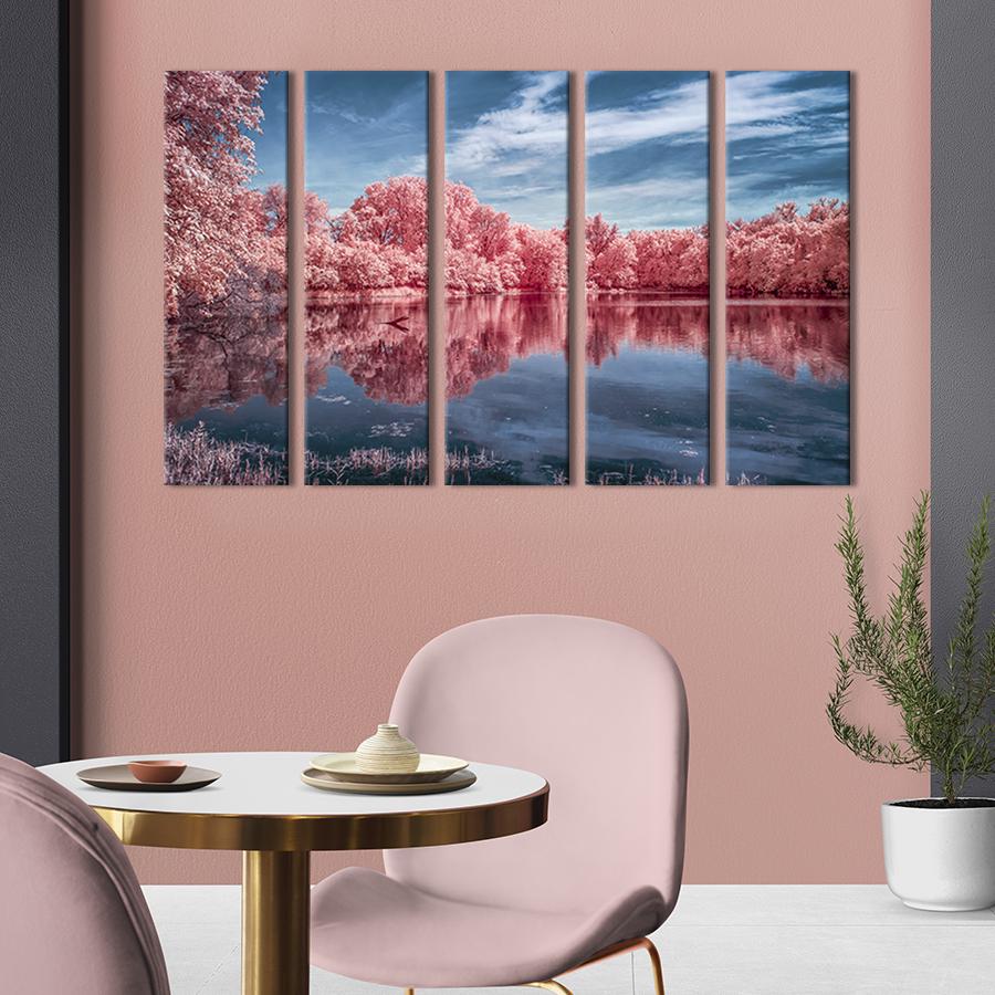 Модульна картина із 5 частин на холсті інтер'єрна картина Пухнаста ароматична сакура на озері 132x80 см (608-51)