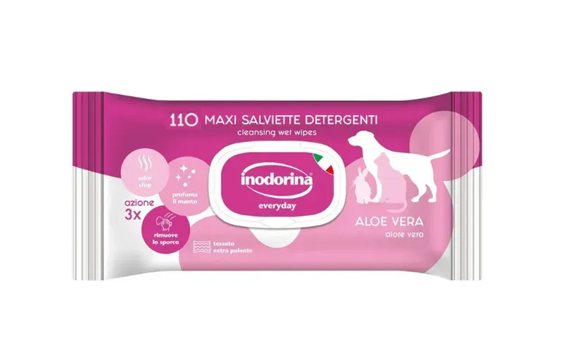 Салфетки влажные для кошек/собак и кроликов Inodorina Everyday Aloe Vera Алоэ вера для всех типов шерсти 110 шт. (26755807)