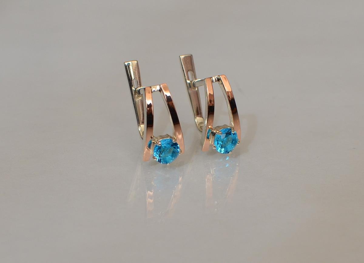 Срібні сережки з напайками із золота 004с Аквамарін