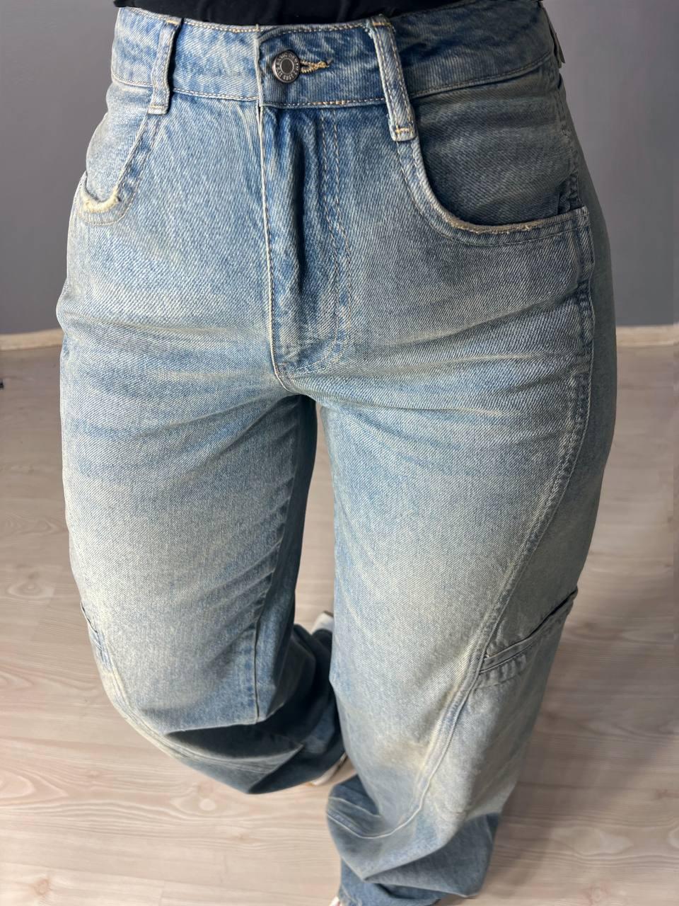 Джинсы женские ITS Basic 3123 cargo fit косой шов карманы сбоку винтаж широкие р. 34 Серо-зеленый (1378) - фото 10