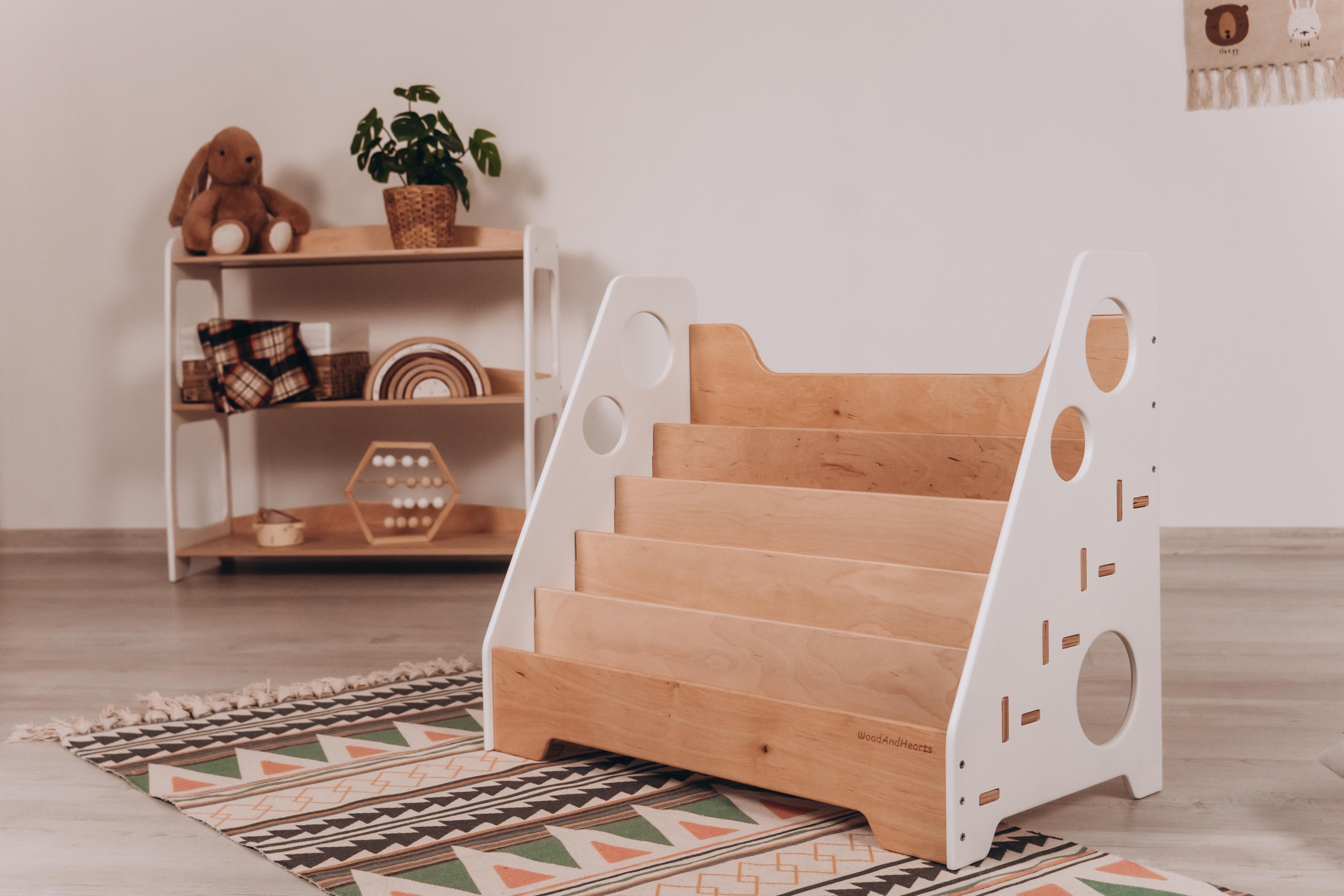 Полка книжная Монтессори Кристи для детской комнаты Белый/Натуральное дерево (AAFH008)