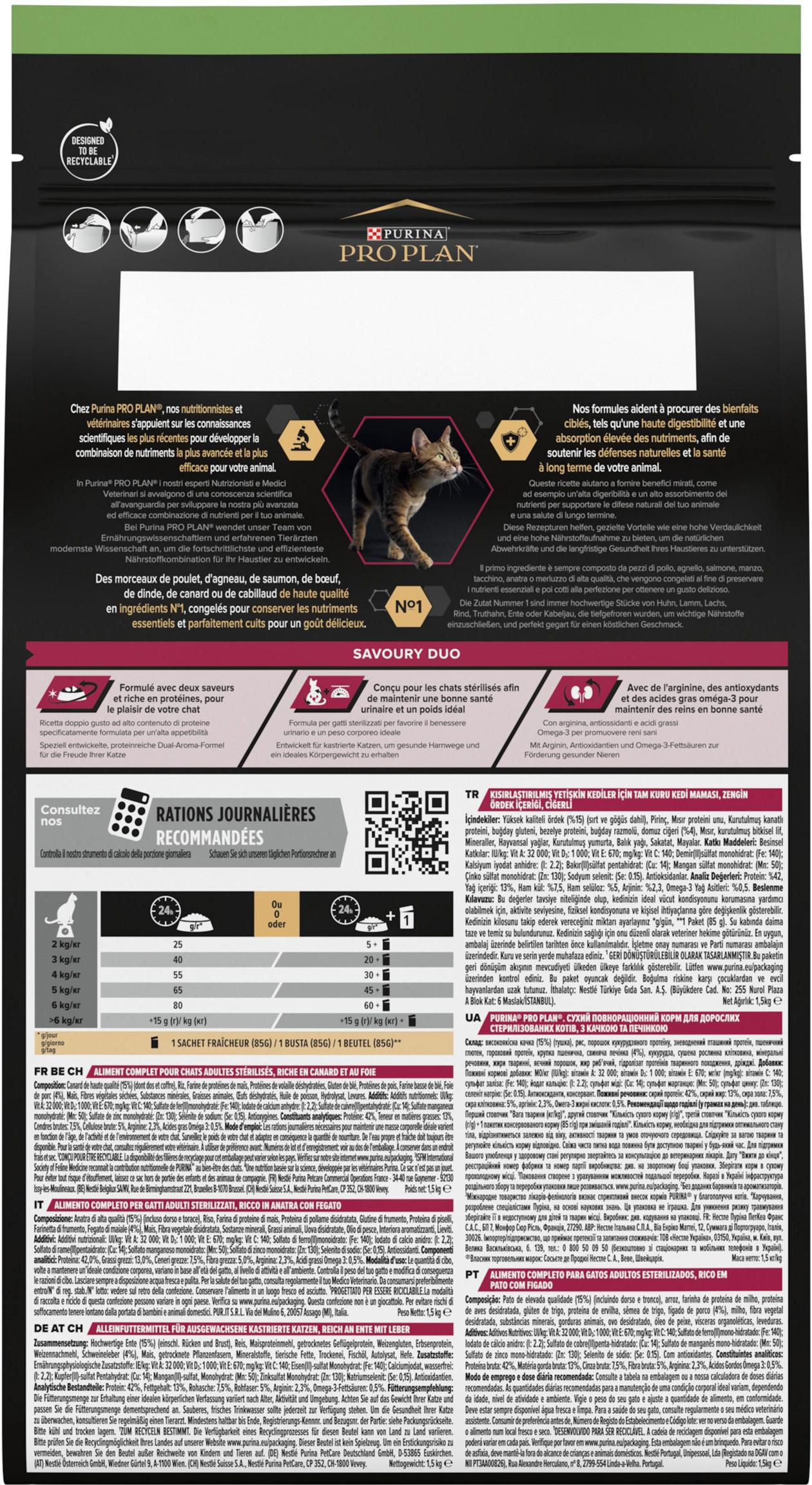 Сухий корм для стерилізованих котів Purina Pro Plan Sterilised з качкою та печінкою 1,5 кг (7613036732369) - фото 4 Сухий корм для стерилізованих котів Purina Pro Plan Sterilised з качкою та печінкою 1,5 кг (7613036732369) - фото 4