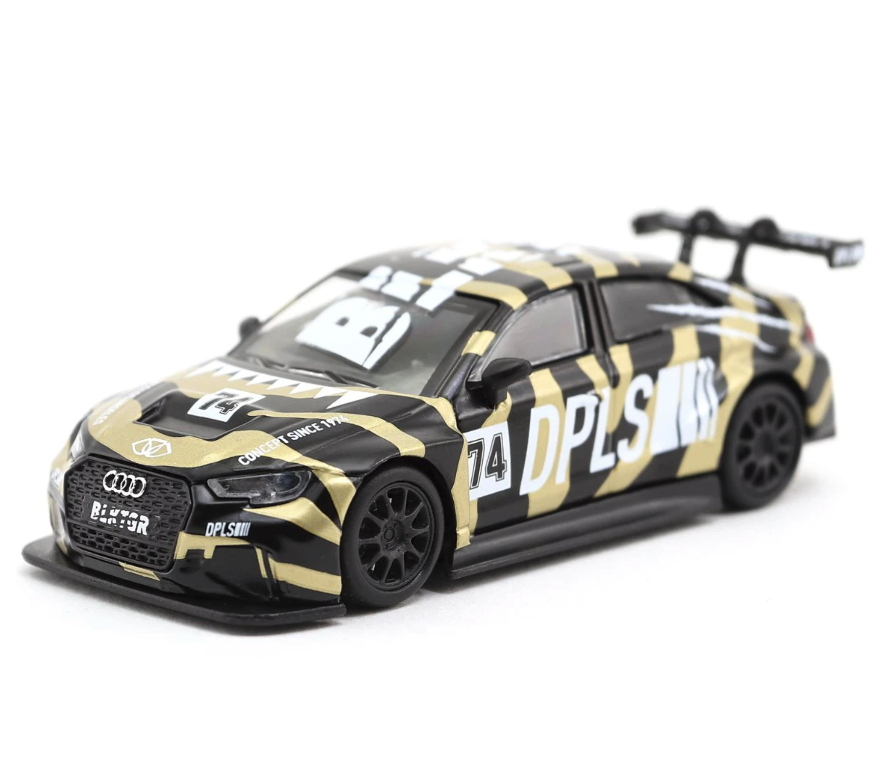 Модель автомобіля Tarmac 1:64 Audi RS3 LMS №74 BLKTGR DPLS Black/Gold/White (T64-013-DPGT)