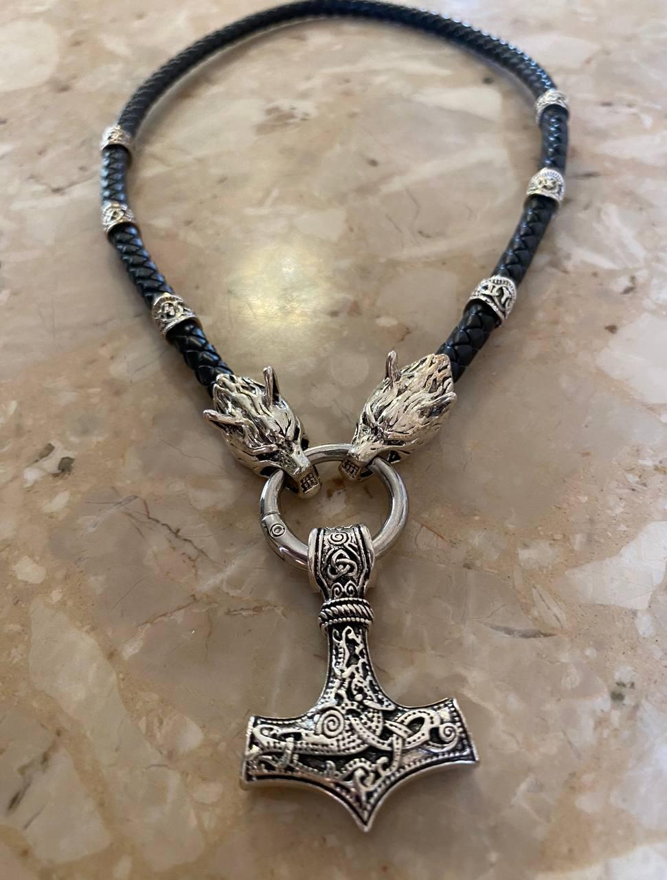 Кольє шнур LITAURS з рунами та кулоном молот Тора (250303)