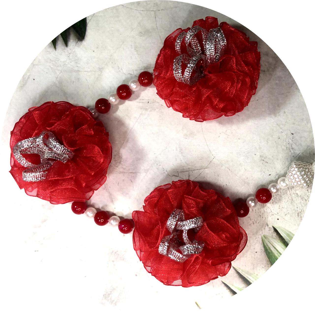 Стрічка в косу з квітками на заколках Червоний (10856)